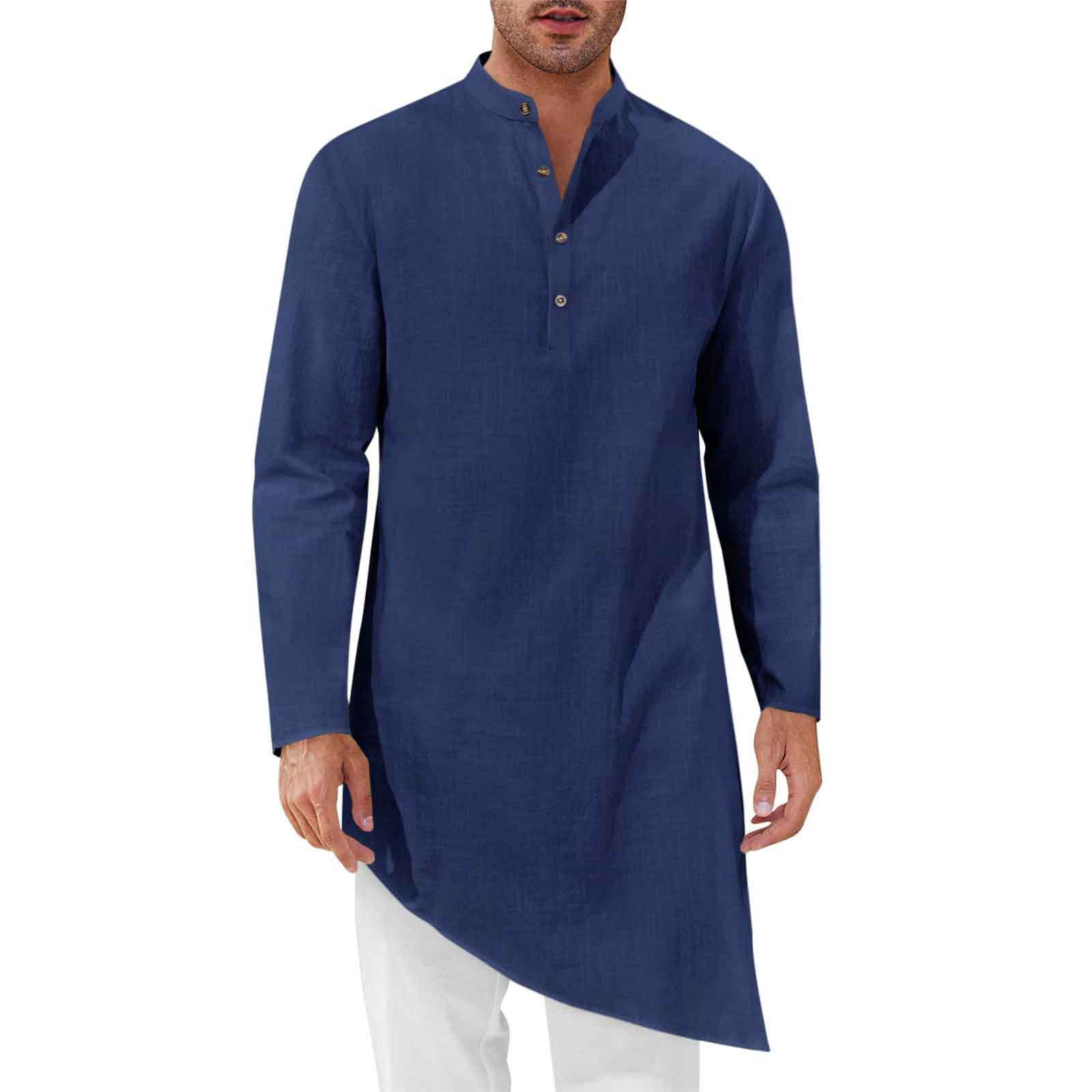 Kurta Men Cotton - เสื้อเชิ้ตยาวสไตล์มินิมอล เสื้อคลุมผู้ชายทรงหลวม เสื้อผ้าอินเดียและปากีสถาน เสื้อผ้าจีนแบบใหม่ เสื้อคลุมลำลองความยาวระดับเข่า