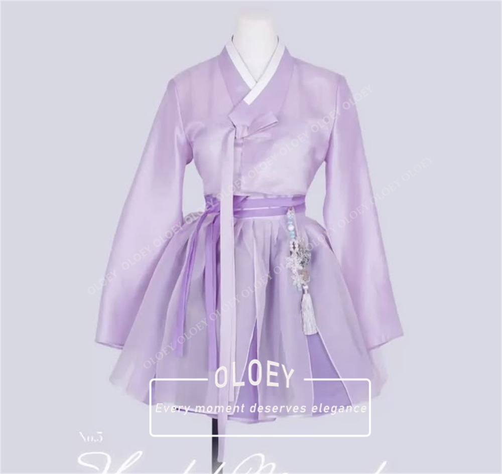 Hanbok Modern Set - OLOEY ชุดฮันบกสไตล์วินเทจ ชุดเดรสสั้นสำหรับงานพรอม งานเลี้ยงค็อกเทล แขนยาว พร้อมกระโปรงทรงเอไลน์แบบพอง