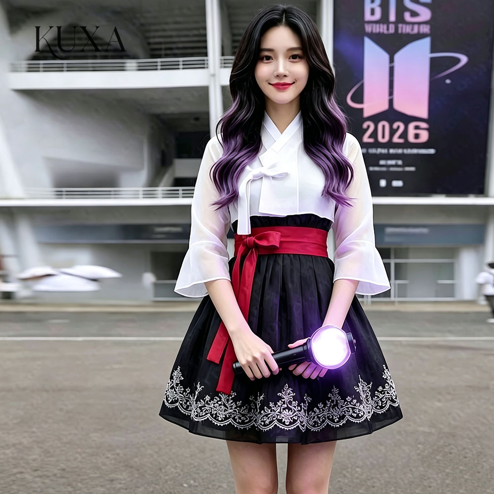 Hanbok Modern Set - ชุดฮันบกสั้นประดับลวดลายทันสมัย KUXA 2027 สีตัดกัน ชุดแสดงสำหรับถ่ายภาพสไตล์เกาหลี ผ้าซาตินและออร์แกนซ่า
