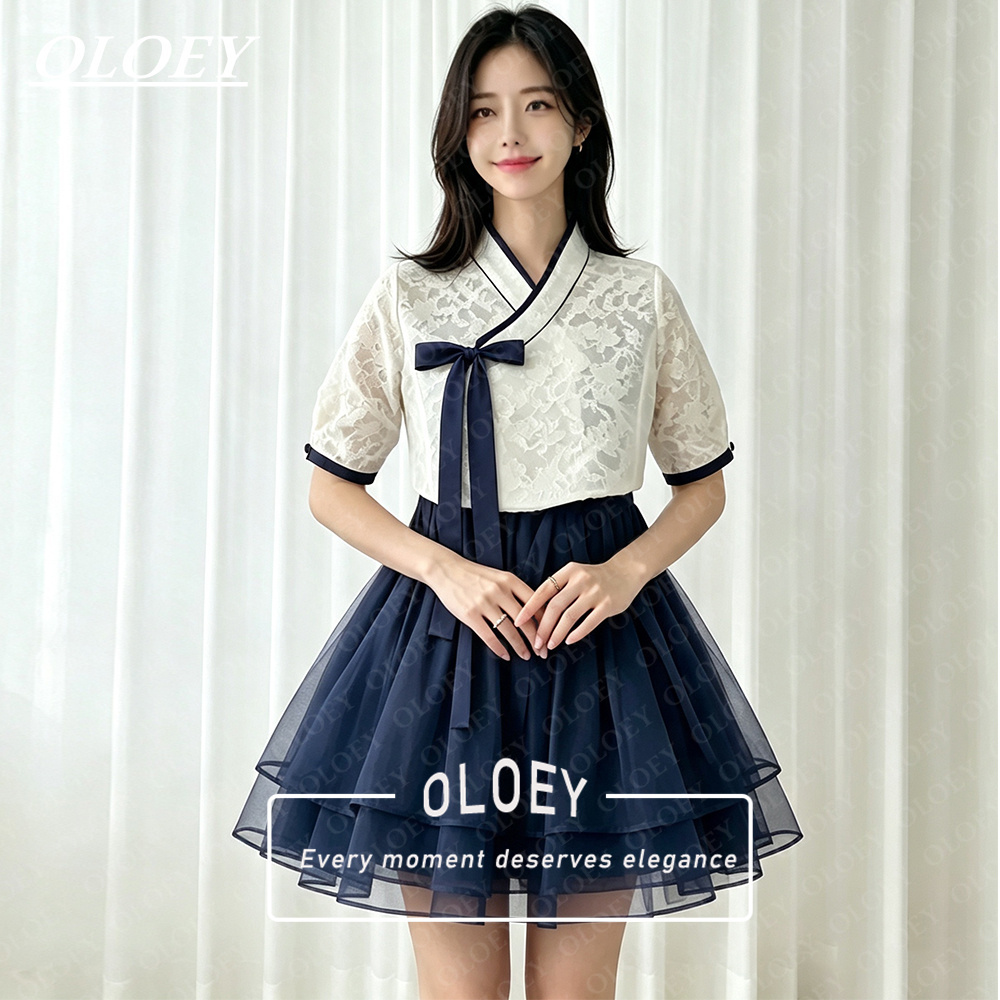 Hanbok Modern Set - ชุดฮันบกสั้นสีดำสไตล์โมเดิร์น OLOEY 2 ชิ้น ผ้าออร์แกนซ่า สำหรับถ่ายภาพสไตล์เกาหลี