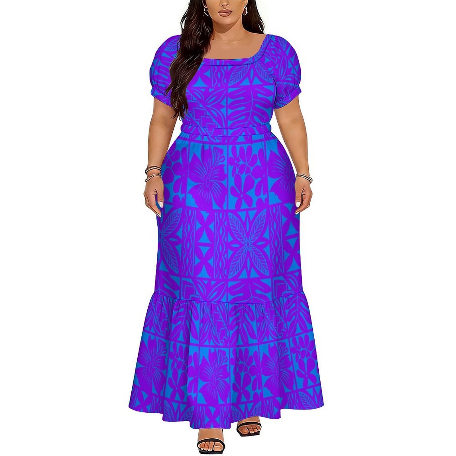 Ethnic Wear - เดรสยาวคอวีลายดอกไม้สไตล์โพลีนีเซียน-ซามัวสุดหรูสำหรับผู้หญิง ขายดี พร้อมเชือกผูกแบบสั่งทำพิเศษ