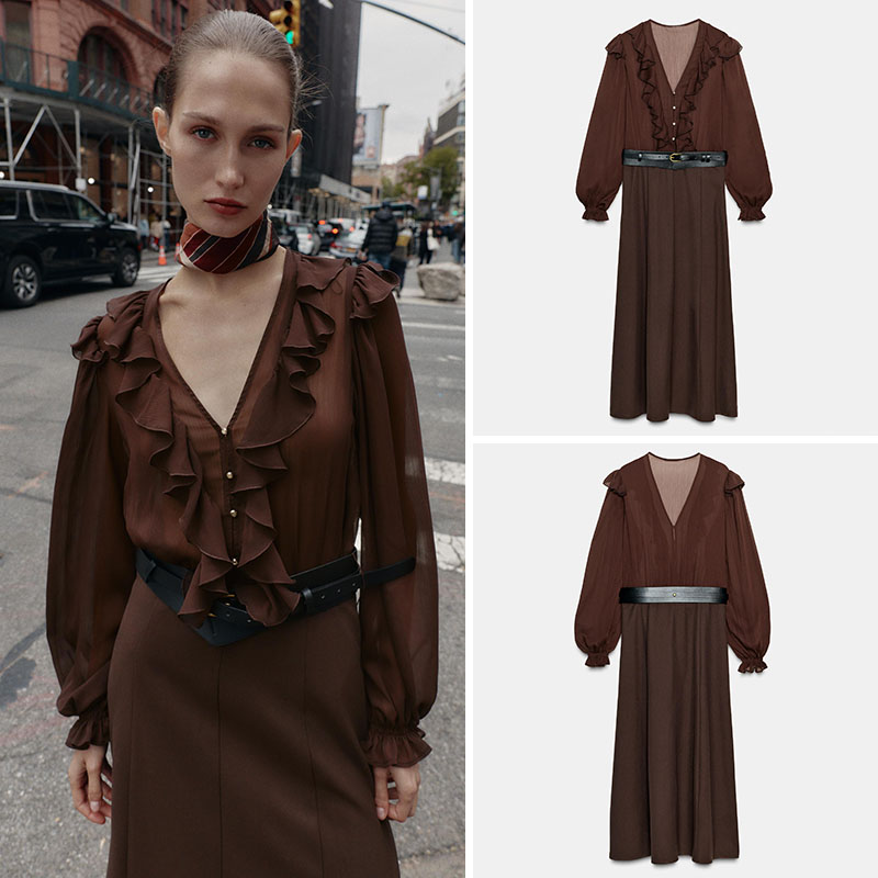 Ethnic Fashion Wear For Women - เดรสยาวแขนยาวคอวีทรงสวยหรู แฟชั่นฤดูใบไม้ร่วงใหม่สำหรับผู้หญิง ชุดเดรสคาดเข็มขัด ชุดแสดงบนเวที ชุดสไตล์ชาติพันธุ์สำหรับสาวๆ