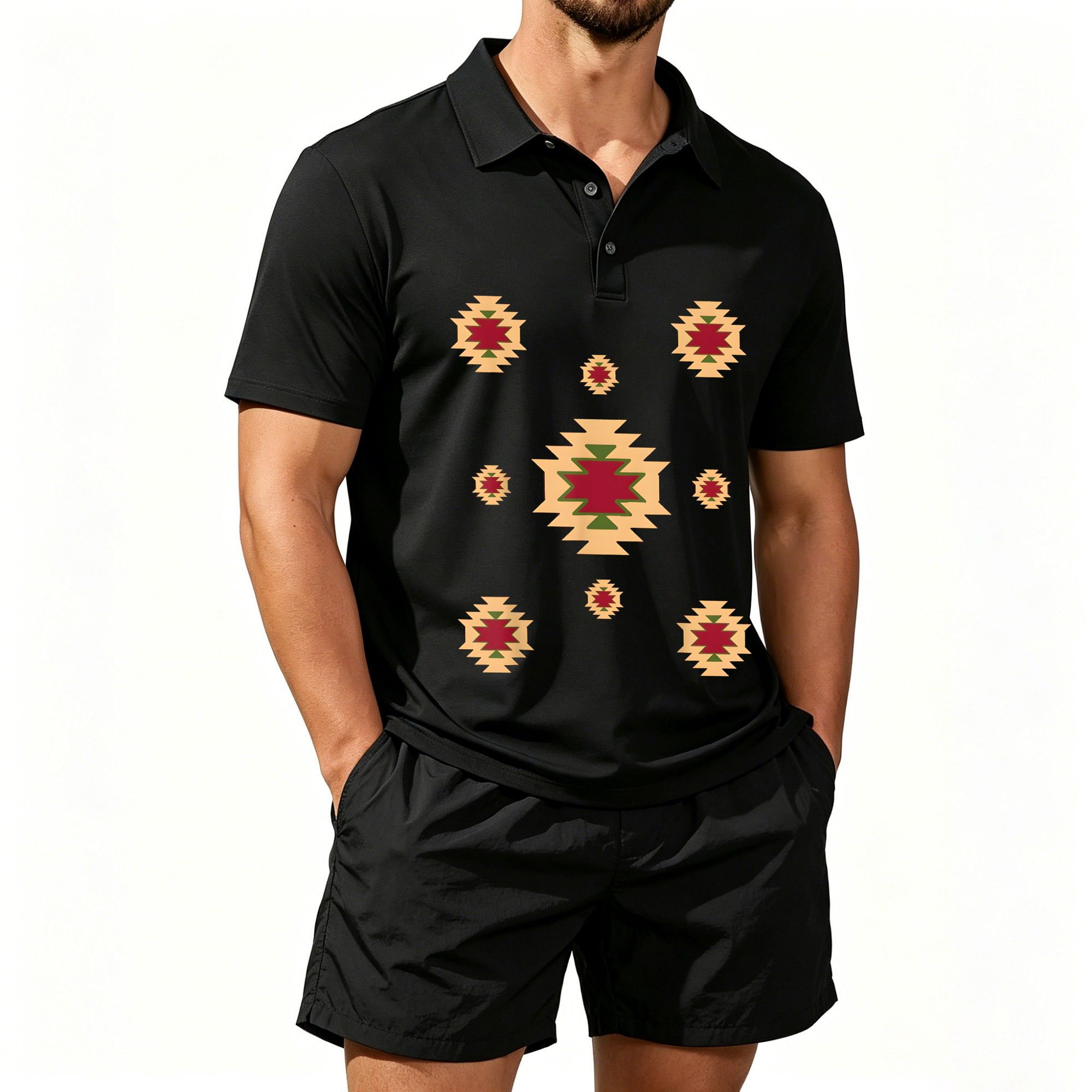 Ethnic Wear - ชุดเสื้อโปโลแขนสั้นสำหรับผู้ชาย ลายพิมพ์ชนเผ่าแอซเท็กแบบตะวันตก ลายพิมพ์สนุกสนานสไตล์ชนเผ่าตะวันตกเฉียงใต้ เหมาะสำหรับสวมใส่ในชีวิตประจำวันและกิจกรรมกลางแจ้ง ผ้ามีคุณสมบัติระบายอากาศได้ดีและอ่อนโยนต่อผิว สามารถซักด้วยเครื่องซักผ้าได้