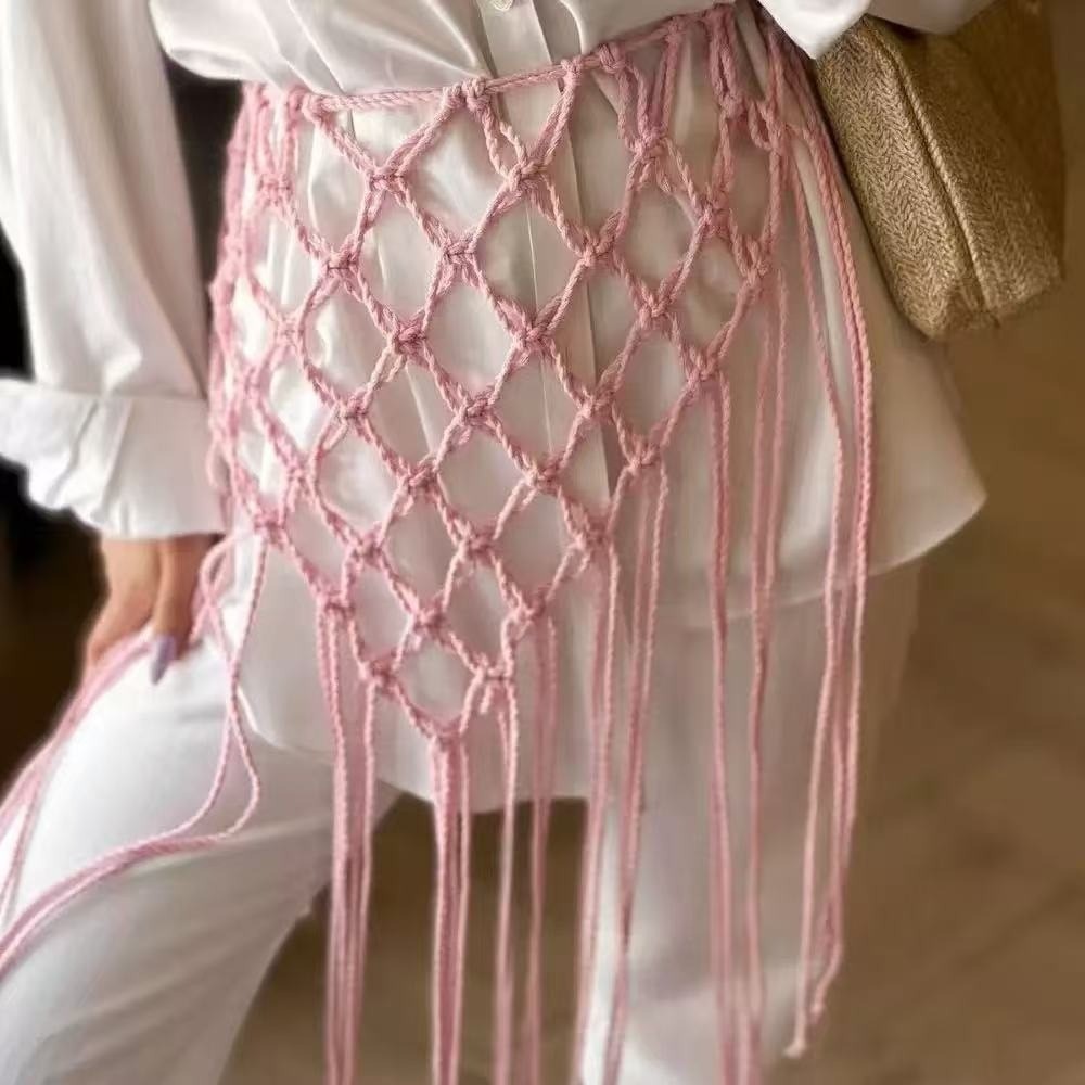 Ethnic Boho Fashion - แฟชั่นโบฮีเมียน ผ้าตาข่ายประดับพู่ตกแต่งเอว ดีไซน์สไตล์ชาติพันธุ์ ผ้าพันเอว ทอมือ ผ้าคลุมบิกินี่