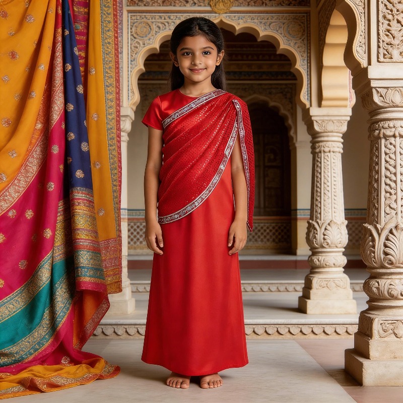 Ethnic Wear - ชุดเดรสแบบดั้งเดิมของอินเดียสำหรับเด็กผู้หญิง สีแดง ประดับเลื่อม ชุดประจำชาติ สำหรับการแสดง คอสเพลย์