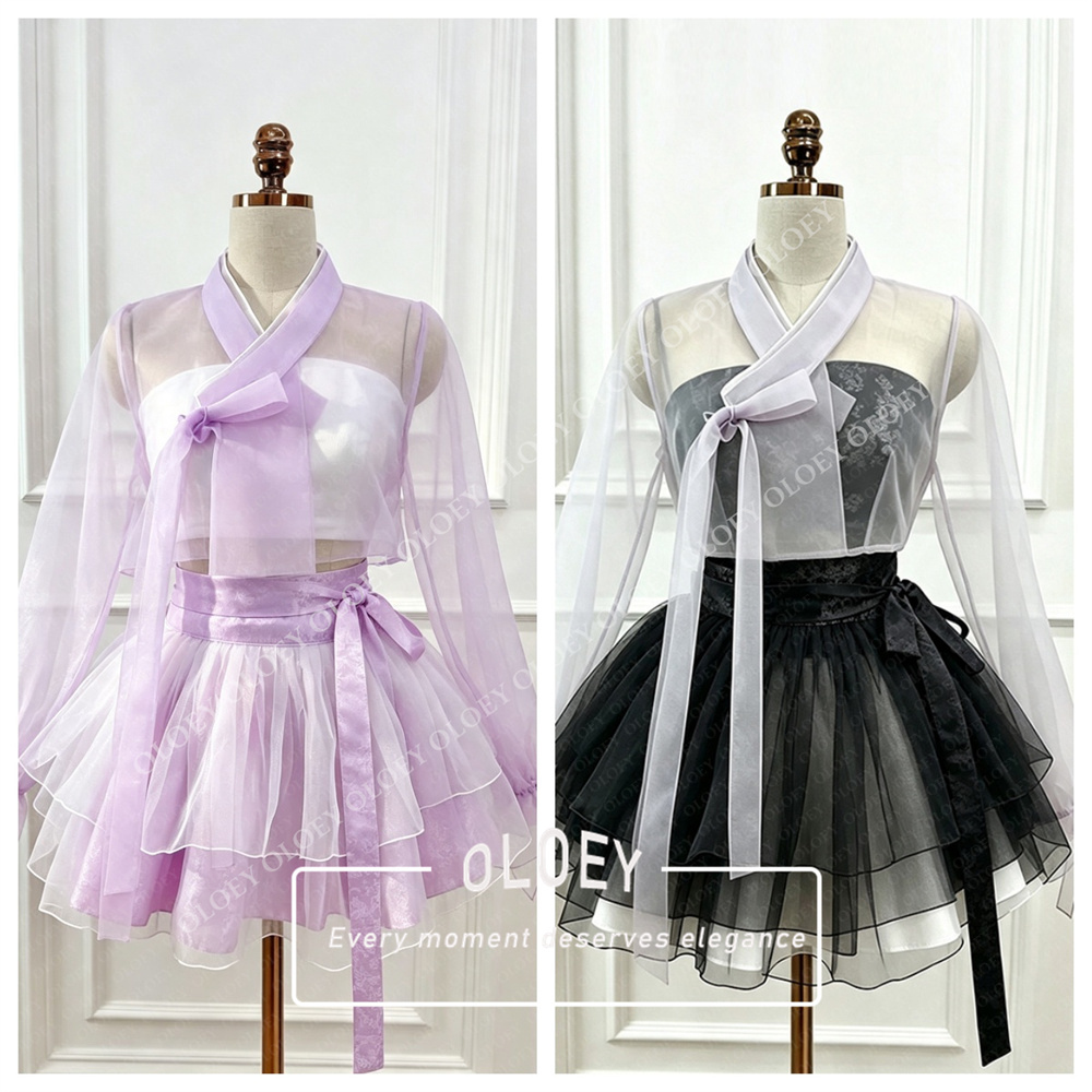 Hanbok Modern Set - ชุดฮันบกสั้นสีดำแดงสไตล์โมเดิร์น OLOEY 2 ชิ้น ผ้าซาตินลูกไม้ สำหรับถ่ายภาพสไตล์เกาหลี
