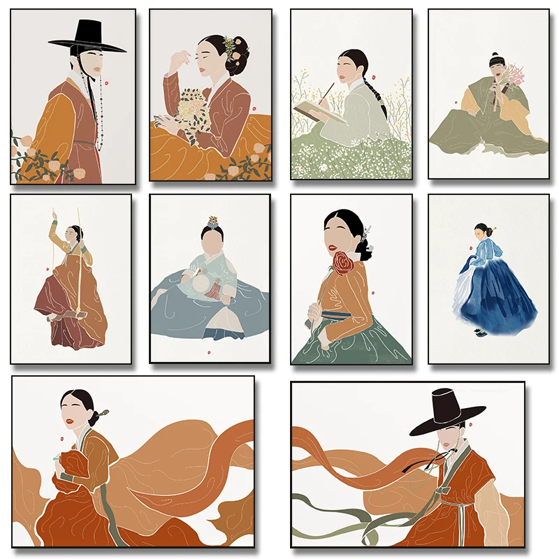Hanbok Modern Set - โปสเตอร์ศิลปะฮันบกเกาหลีสไตล์โบโฮและภาพพิมพ์บนผ้าแคนวาส ภาพพิมพ์สไตล์โมเดิร์นมินิมอลแบบเอเชียสำหรับตกแต่งผนังห้องนั่งเล่น ของขวัญตกแต่งบ้าน