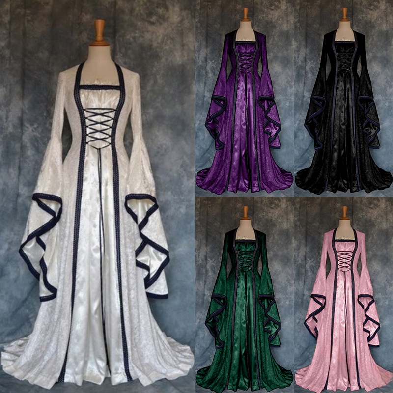 Ethnic Wear - ชุดเดรสสไตล์ย้อนยุคยุคกลางสำหรับผู้หญิง กระโปรงทรงบอลลูน แขนกระดิ่ง ชุดทางการสำหรับฤดูร้อน ชุดการแสดงสไตล์ชาติพันธุ์สำหรับสุภาพสตรี คุณภาพพรีเมียม