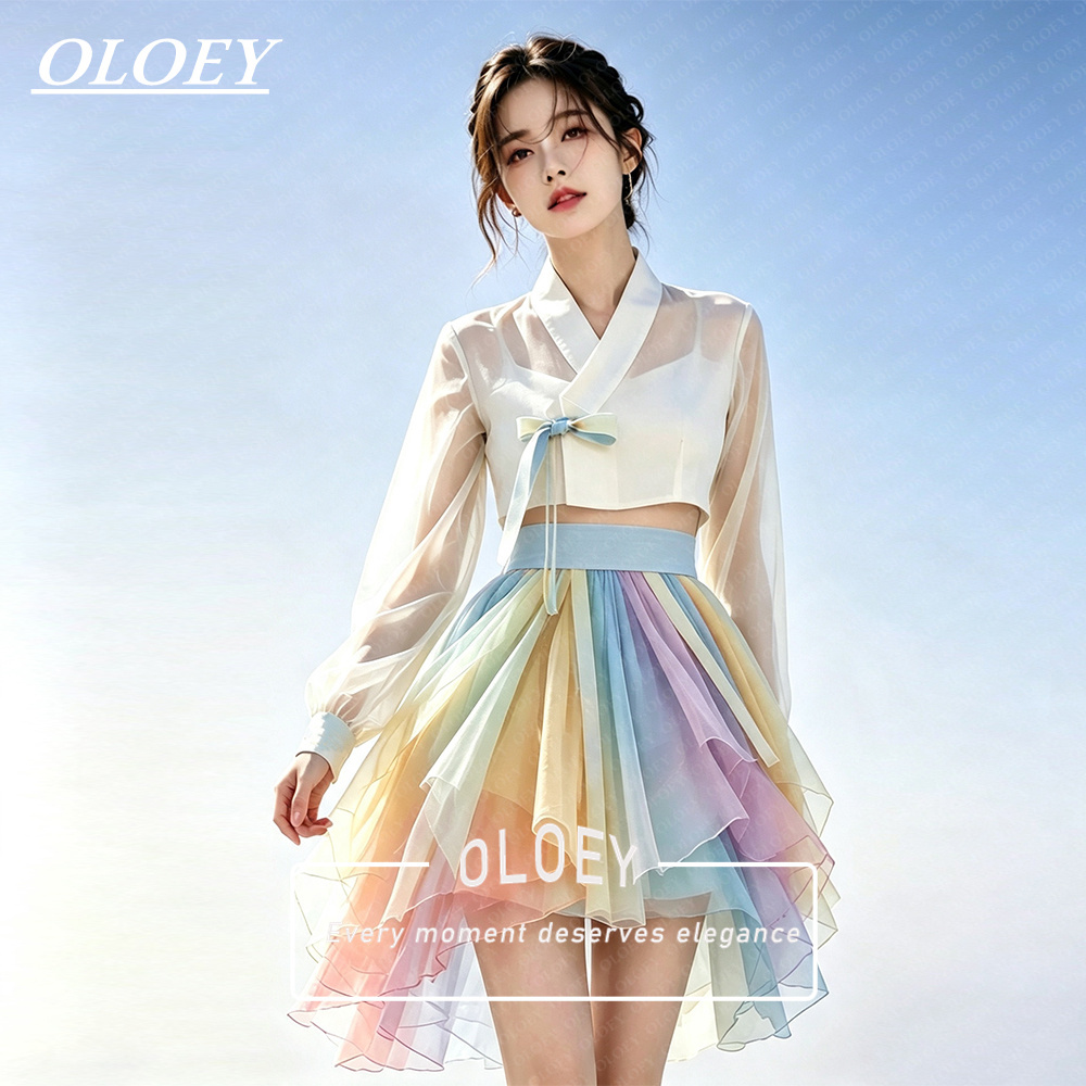 Hanbok Modern Set - ชุดฮันบกสั้น 3 ชิ้นสไตล์โมเดิร์น OLOEY ผ้าออร์แกนซ่าสีสันสดใส ชุดแสดงมินิแบบไม่สมมาตรสำหรับถ่ายภาพสไตล์เกาหลี