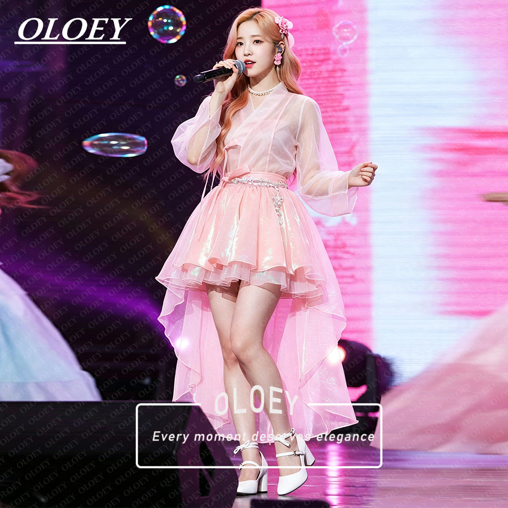 Hanbok Modern Set - ชุดฮันบกสั้นสีชมพูสไตล์โมเดิร์น OLOEY สำหรับถ่ายภาพในเกาหลี ชุดแสดงขนาดเล็ก ชุดค็อกเทลสั่งตัดพิเศษ 2026